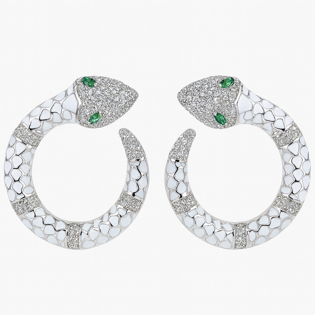 White Enamel Snake Hoop Earrings with Green Crystal Eyes – Luxury Statement Jewelry