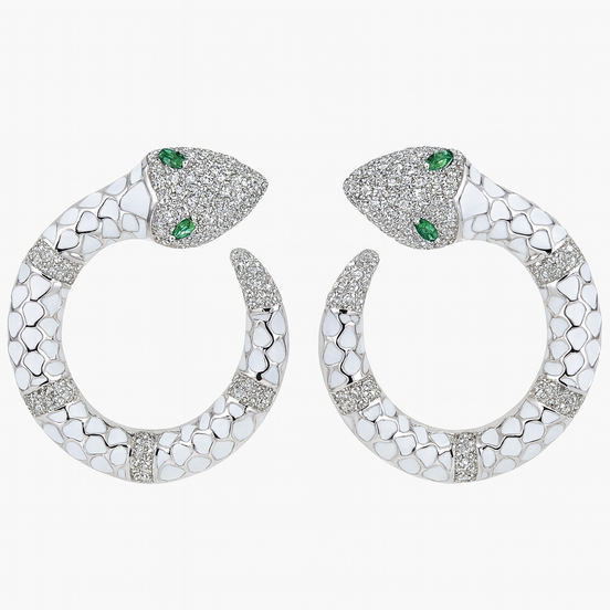 White Enamel Snake Hoop Earrings with Green Crystal Eyes – Luxury Statement Jewelry