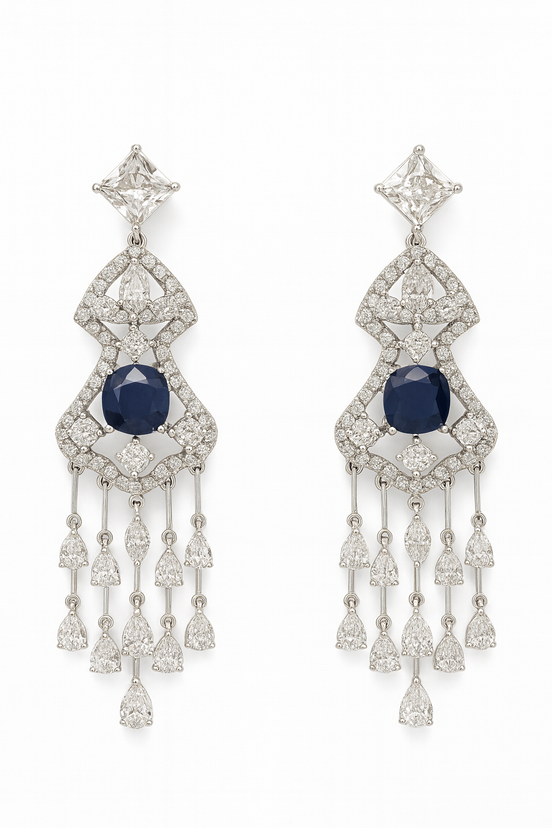 Luxury Sapphire and Diamond Drop Earrings – White Gold Elegant Statement Jewelry