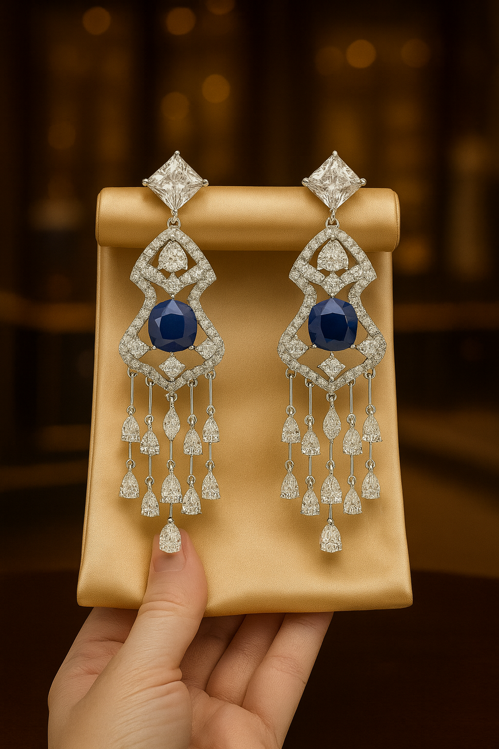 Luxury Sapphire and Diamond Drop Earrings β White Gold Elegant Statement Jewelry