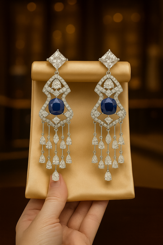 Luxury Sapphire and Diamond Drop Earrings – White Gold Elegant Statement Jewelry
