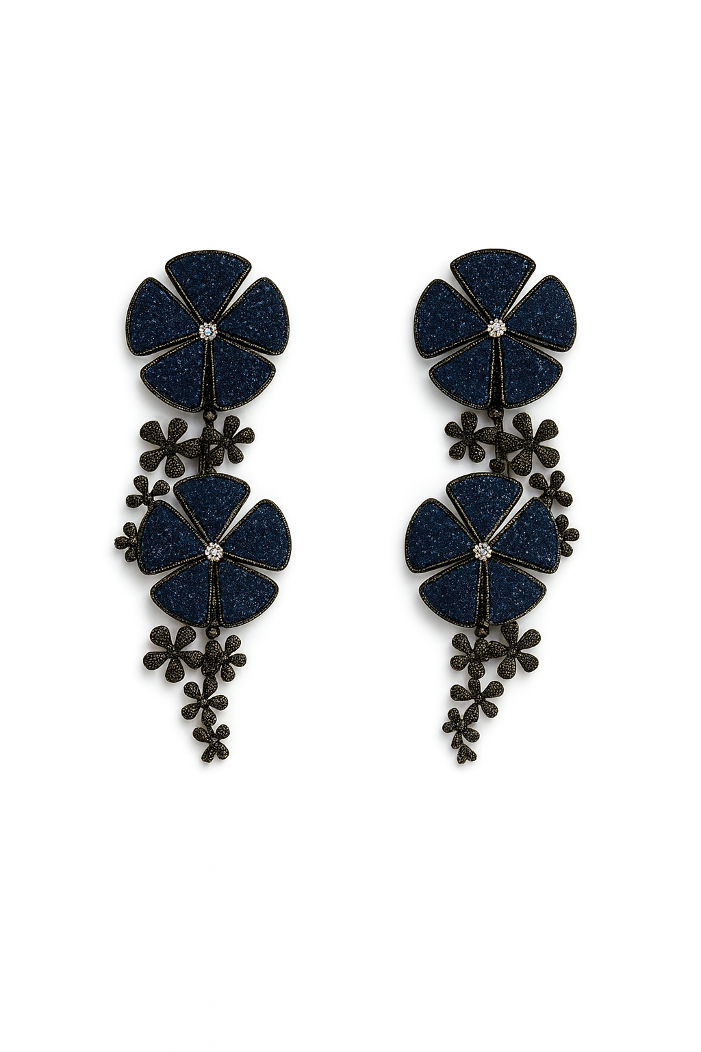 Midnight Blue Floral Statement Earrings – Luxury Flower Drop Earrings for Women