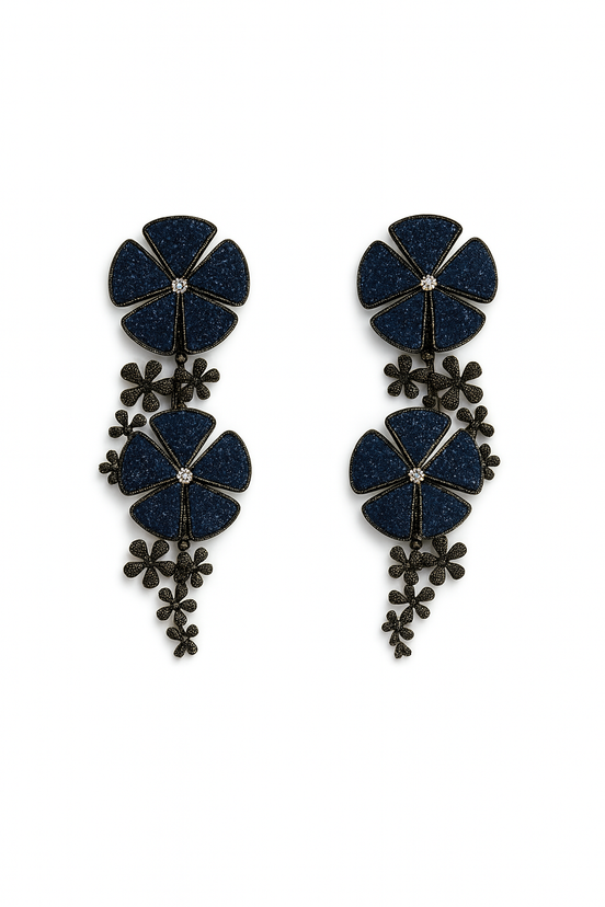 Midnight Blue Floral Statement Earrings – Luxury Flower Drop Earrings for Women