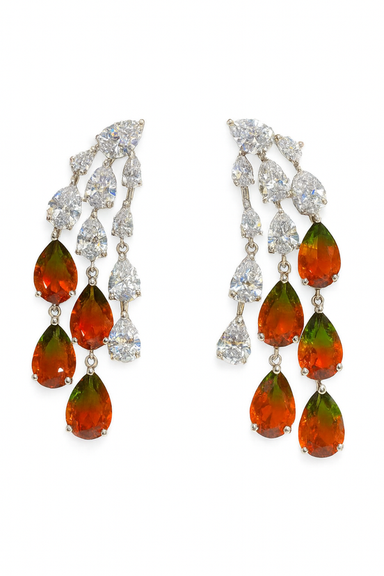 Luxury Fire Opal & Diamond Drop Earrings – Red Green Gemstone Chandelier Earrings