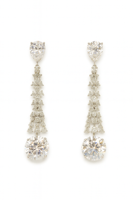 Luxury Crystal Drop Earrings – Elegant Silver Long Dangle Earrings for Women