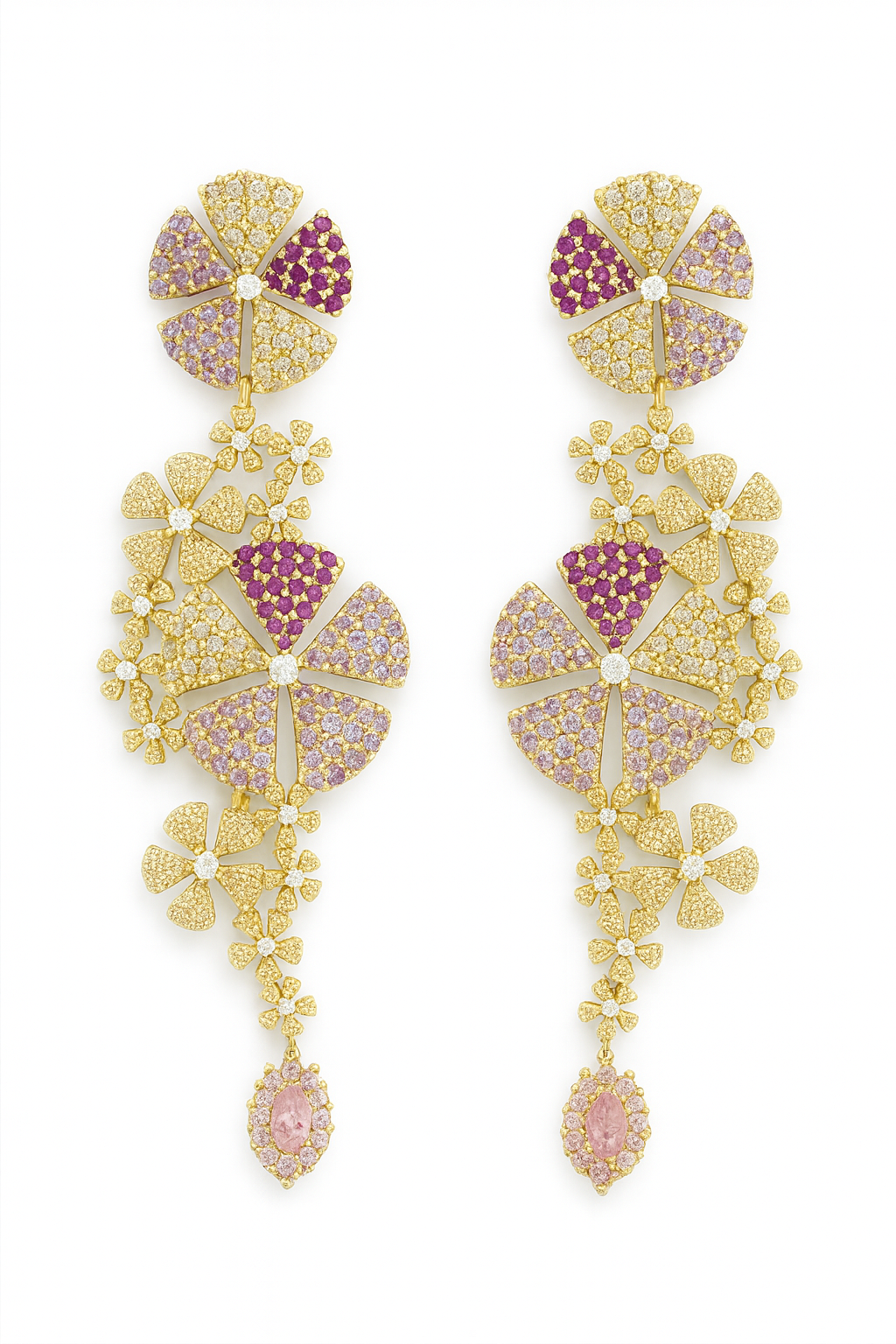 Luxury Gold Floral Drop Earrings – Pink & Purple Crystal Statement Earrings for Women