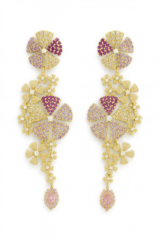 Luxury Gold Floral Drop Earrings – Pink & Purple Crystal Statement Earrings for Women