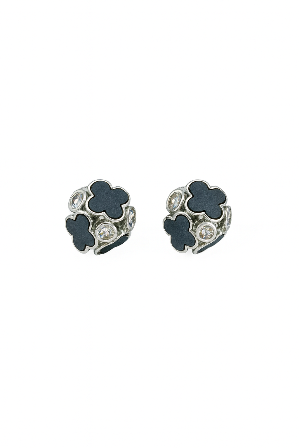 Silver Clover and Crystal Earrings with Black Enamel