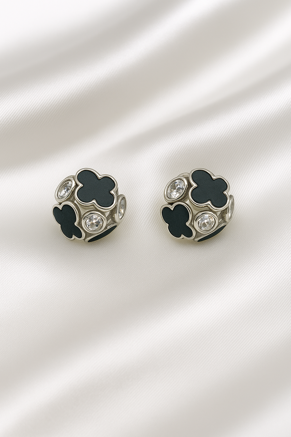 Silver Clover and Crystal Earrings with Black Enamel