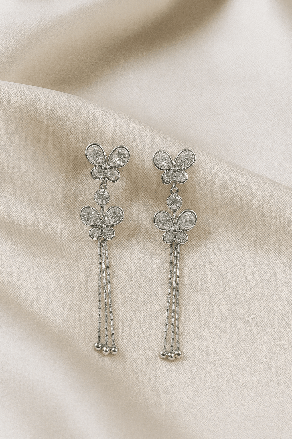 Silver-Tone Butterfly Drop Earrings with Chain Tassels - MODA ACCESSORIES