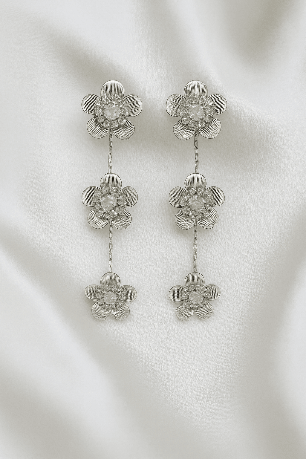 Triple Blossom Silver-Tone Drop Earrings - MODA ACCESSORIES