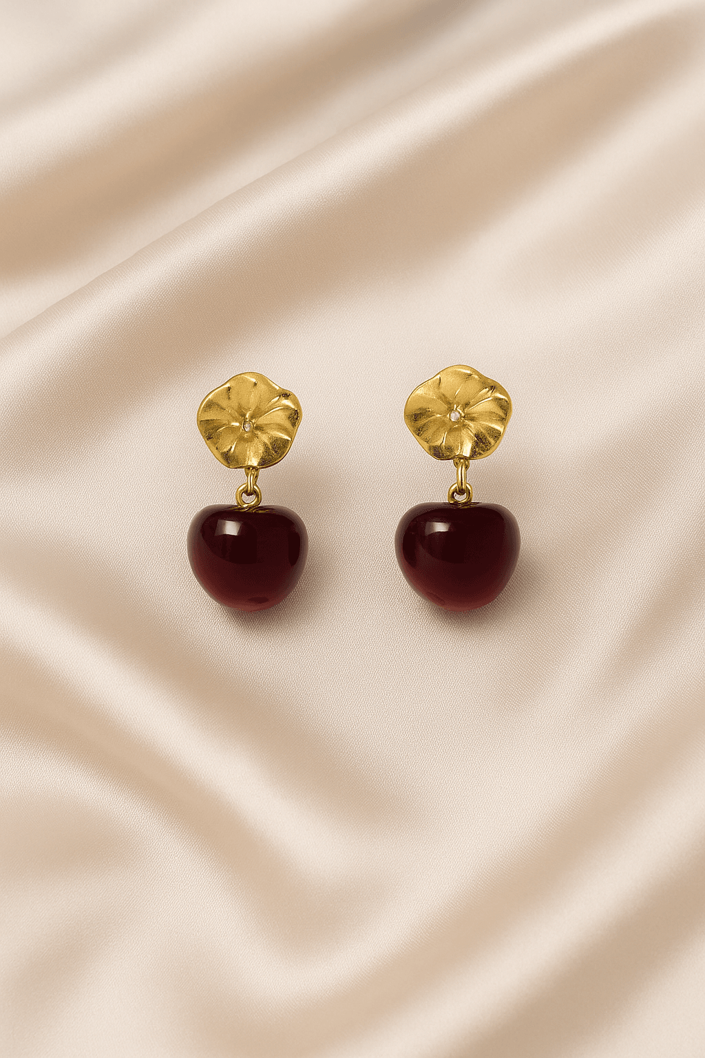 Vintage Cherry Drop Earrings with Gold Floral Stud - MODA ACCESSORIES