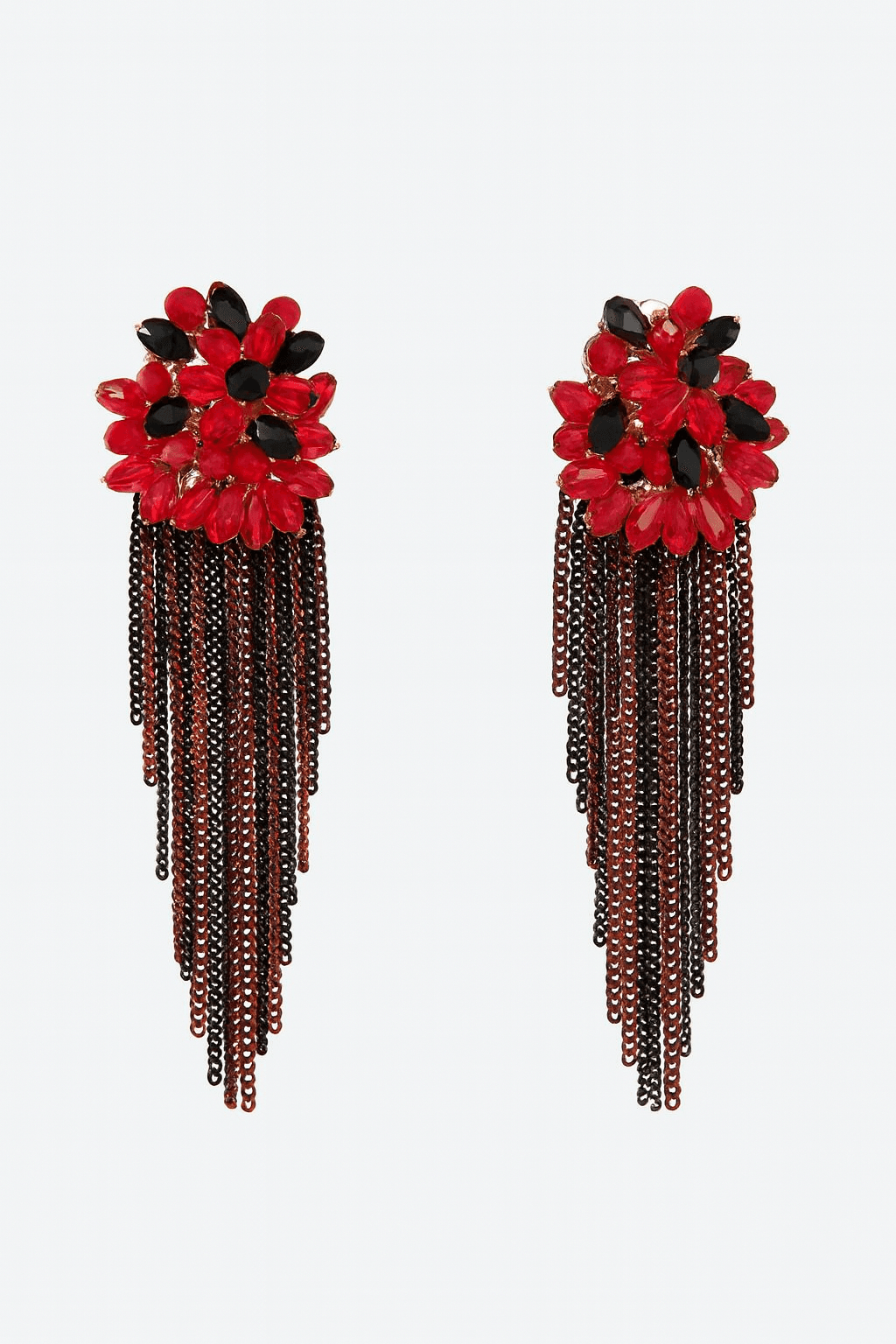 Red and Black Flower Earrings with Cascading Chain Tassels - MODA ACCESSORIES