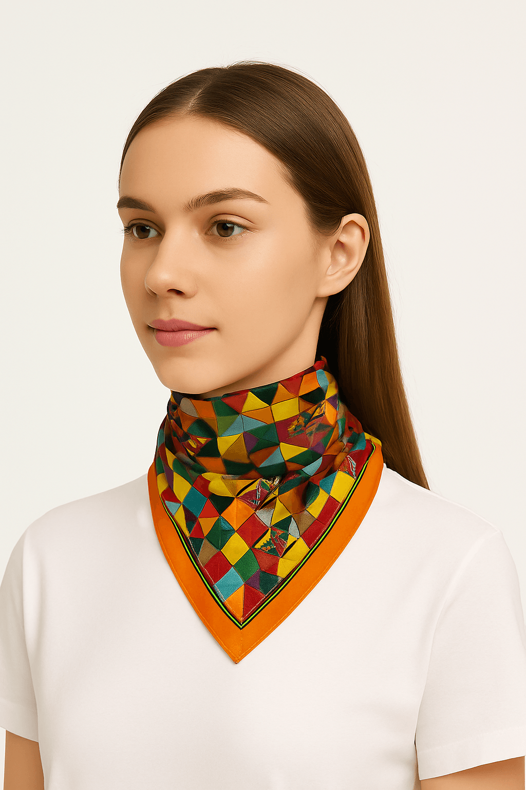 Colorful Geometric Silk Headscarf – Bohemian Patchwork Design - MODA ACCESSORIES
