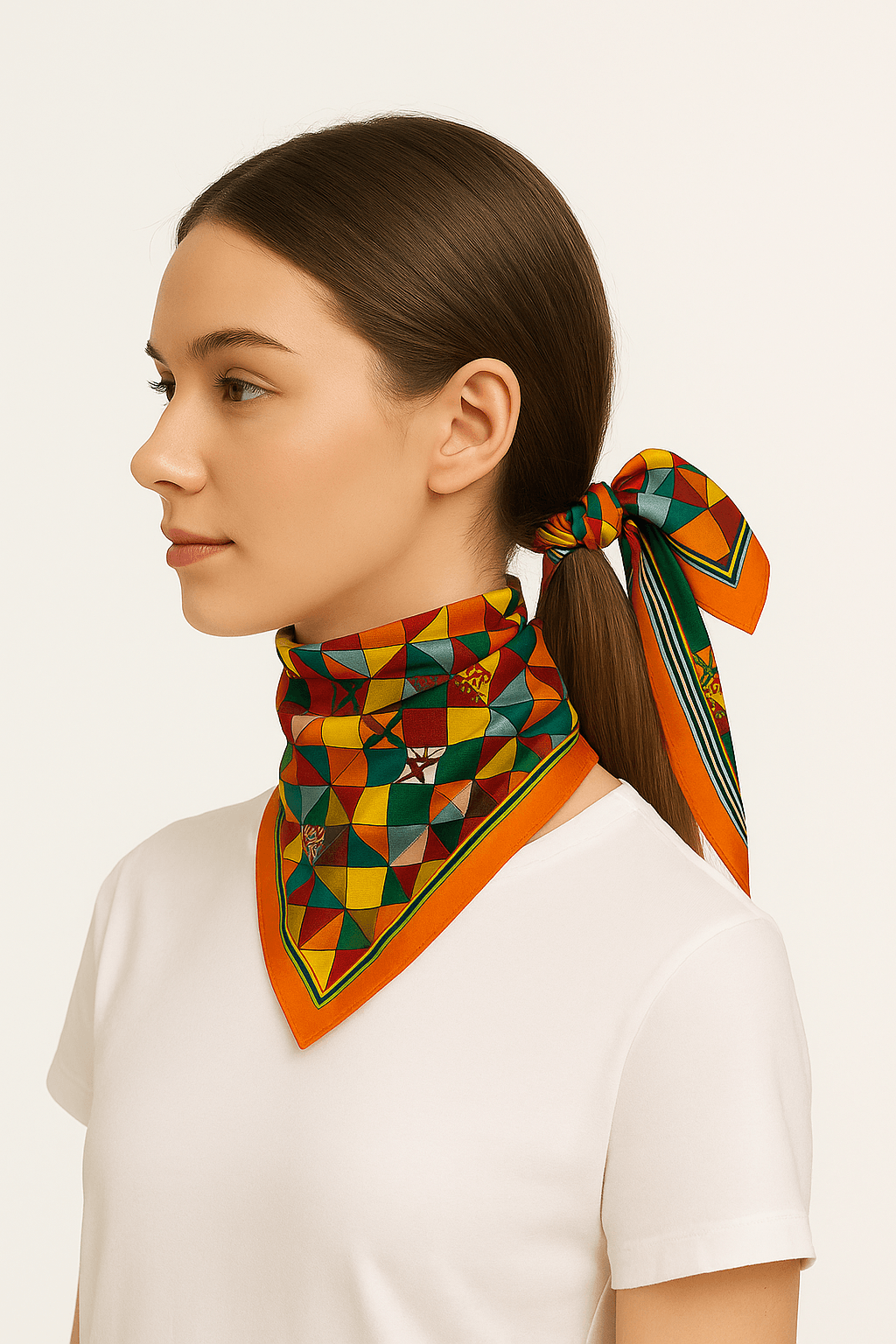 Colorful Geometric Silk Headscarf – Bohemian Patchwork Design - MODA ACCESSORIES