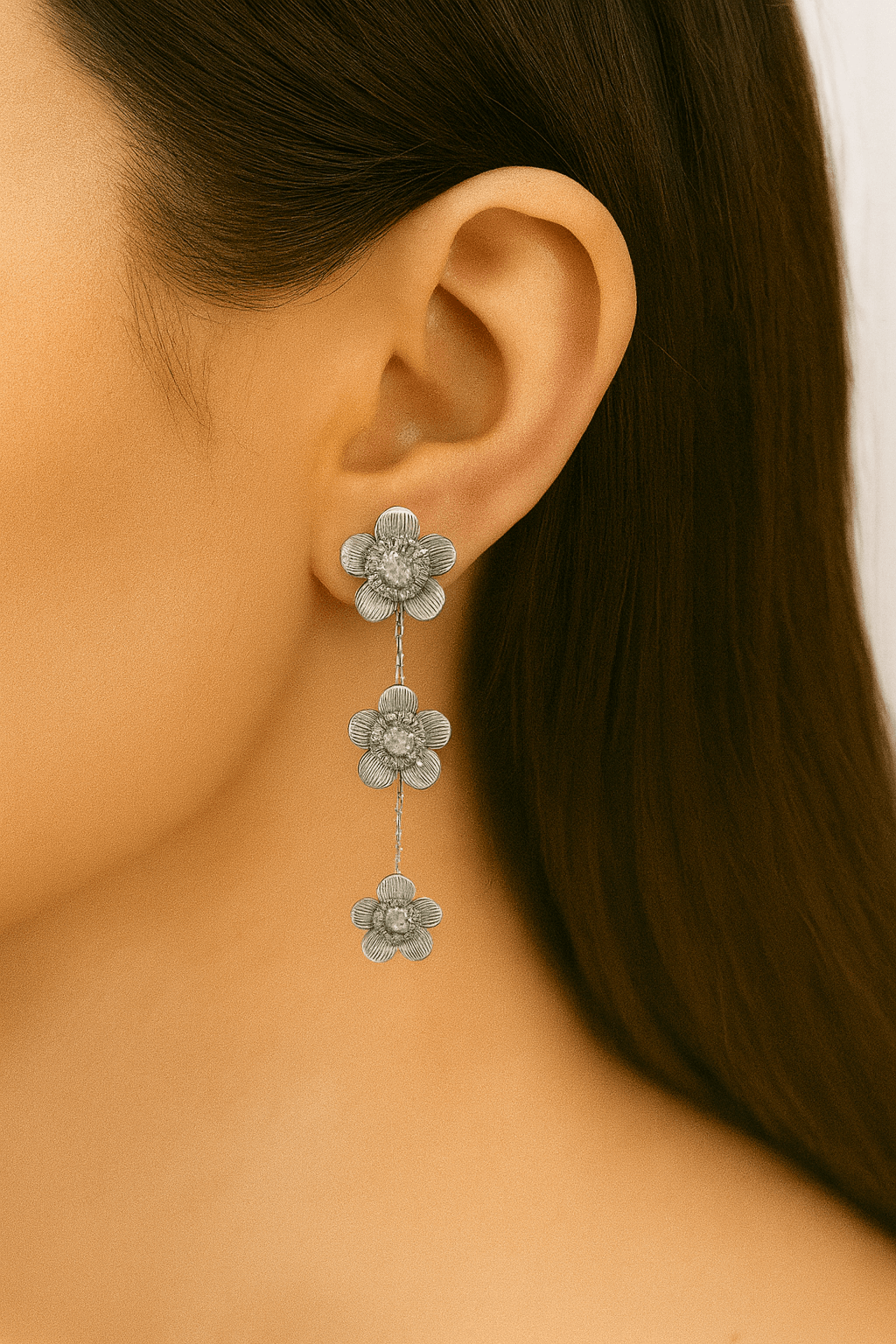 Triple Blossom Silver-Tone Drop Earrings - MODA ACCESSORIES