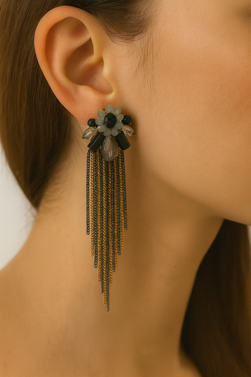 Elegant Black & Gold Floral Tassel Earrings