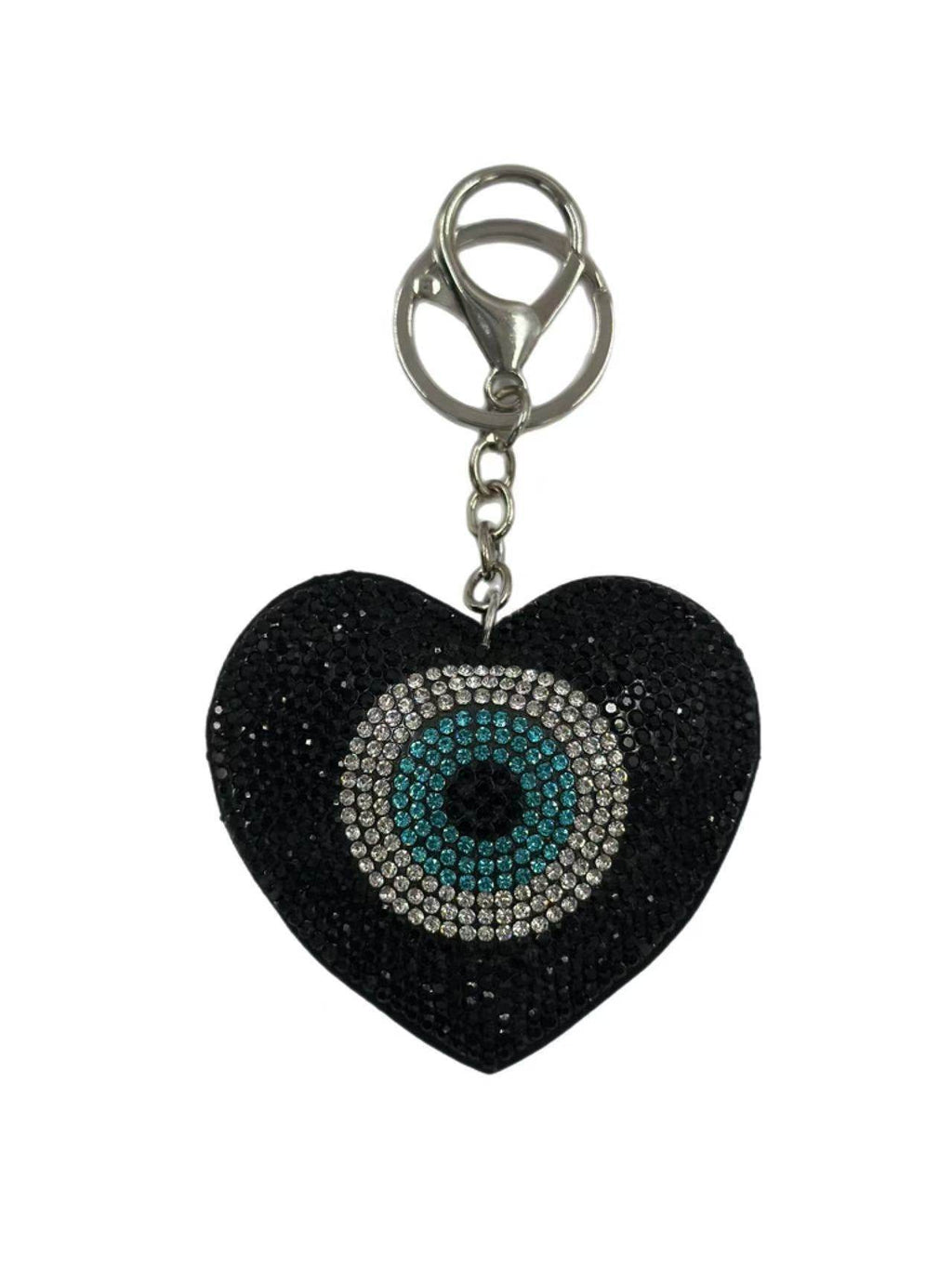 Heart-Shaped Evil Eye Keychain with Rhinestones – Black & Blue Crystal Bag Charm - MODA ACCESSORIES