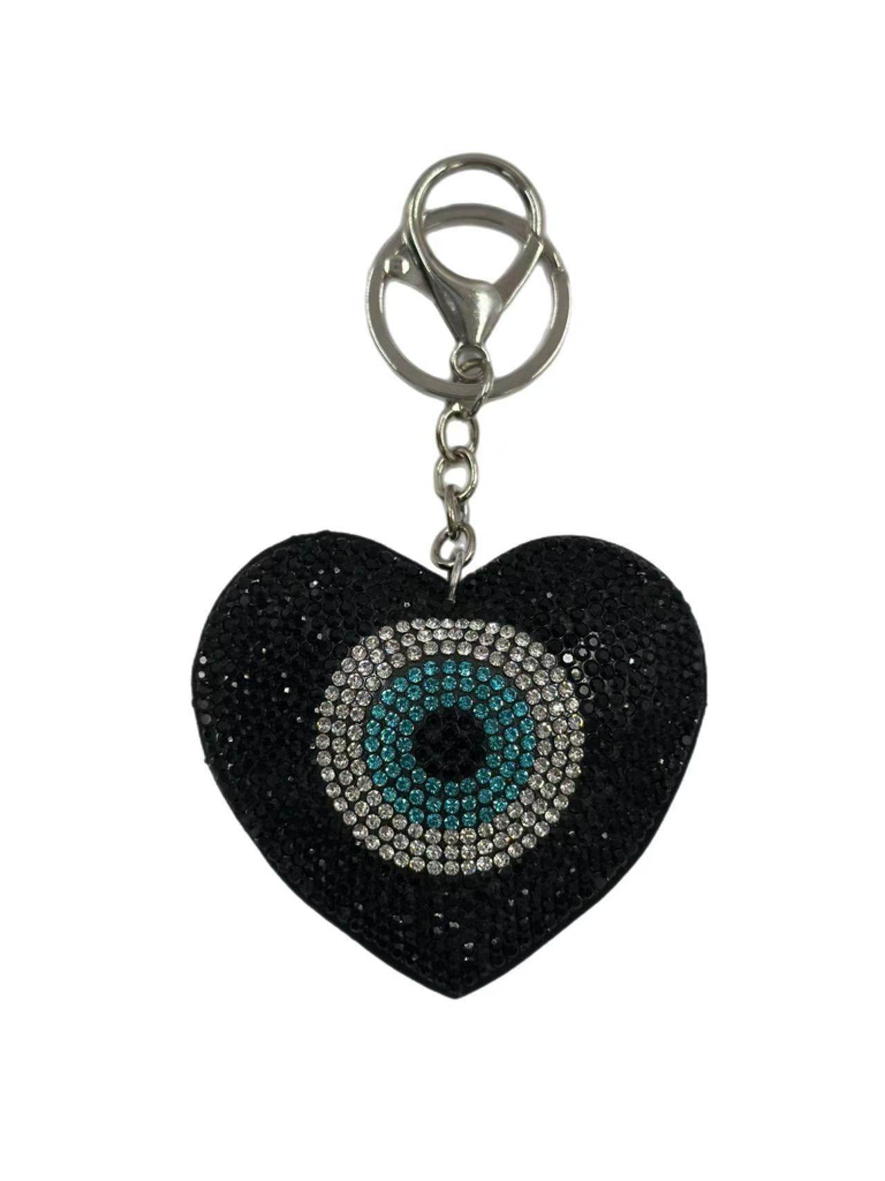 Heart-Shaped Evil Eye Keychain with Rhinestones – Black & Blue Crystal Bag Charm - MODA ACCESSORIES