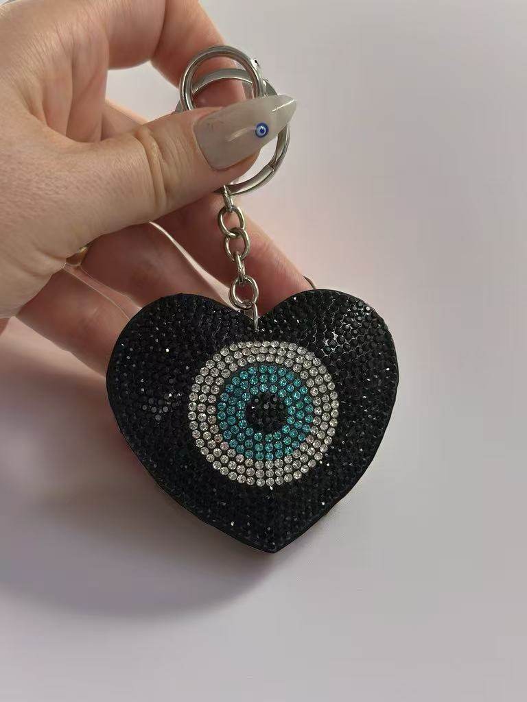 Heart-Shaped Evil Eye Keychain with Rhinestones – Black & Blue Crystal Bag Charm - MODA ACCESSORIES