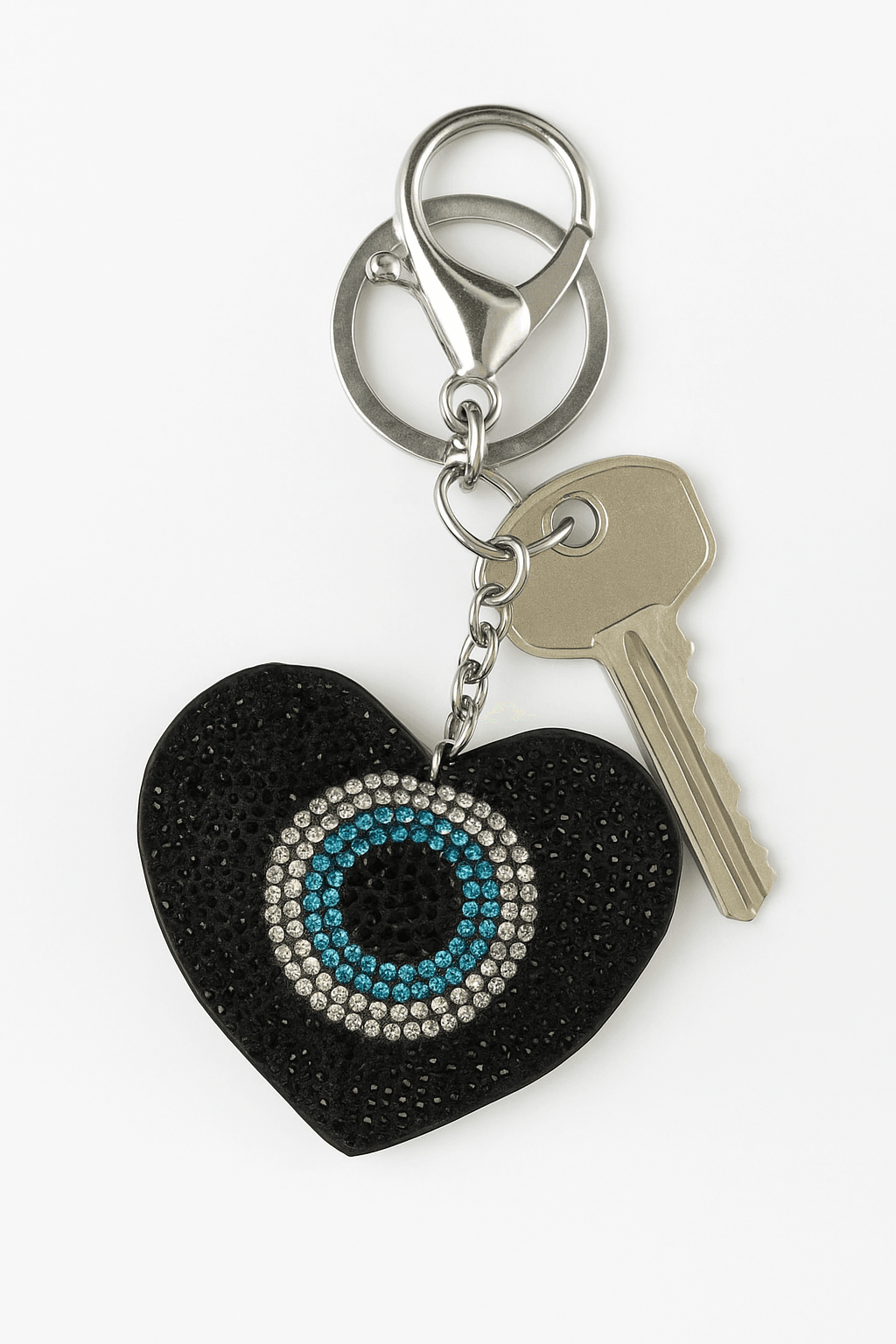 Heart-Shaped Evil Eye Keychain with Rhinestones – Black & Blue Crystal Bag Charm - MODA ACCESSORIES