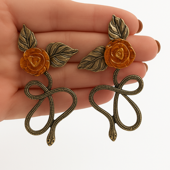 Antique Snake & Rose Drop Earrings