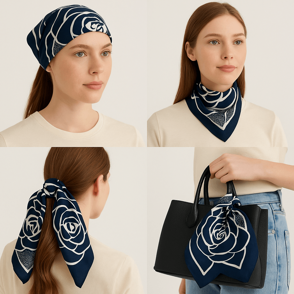 Navy Blue Floral Graphic Scarf with Bold Rose Motif - MODA ACCESSORIES