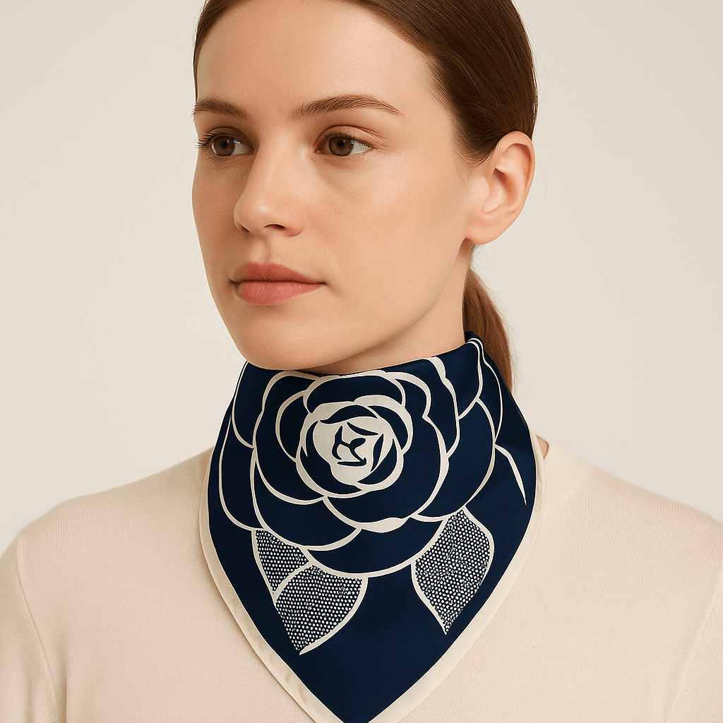 Navy Blue Floral Graphic Scarf with Bold Rose Motif - MODA ACCESSORIES