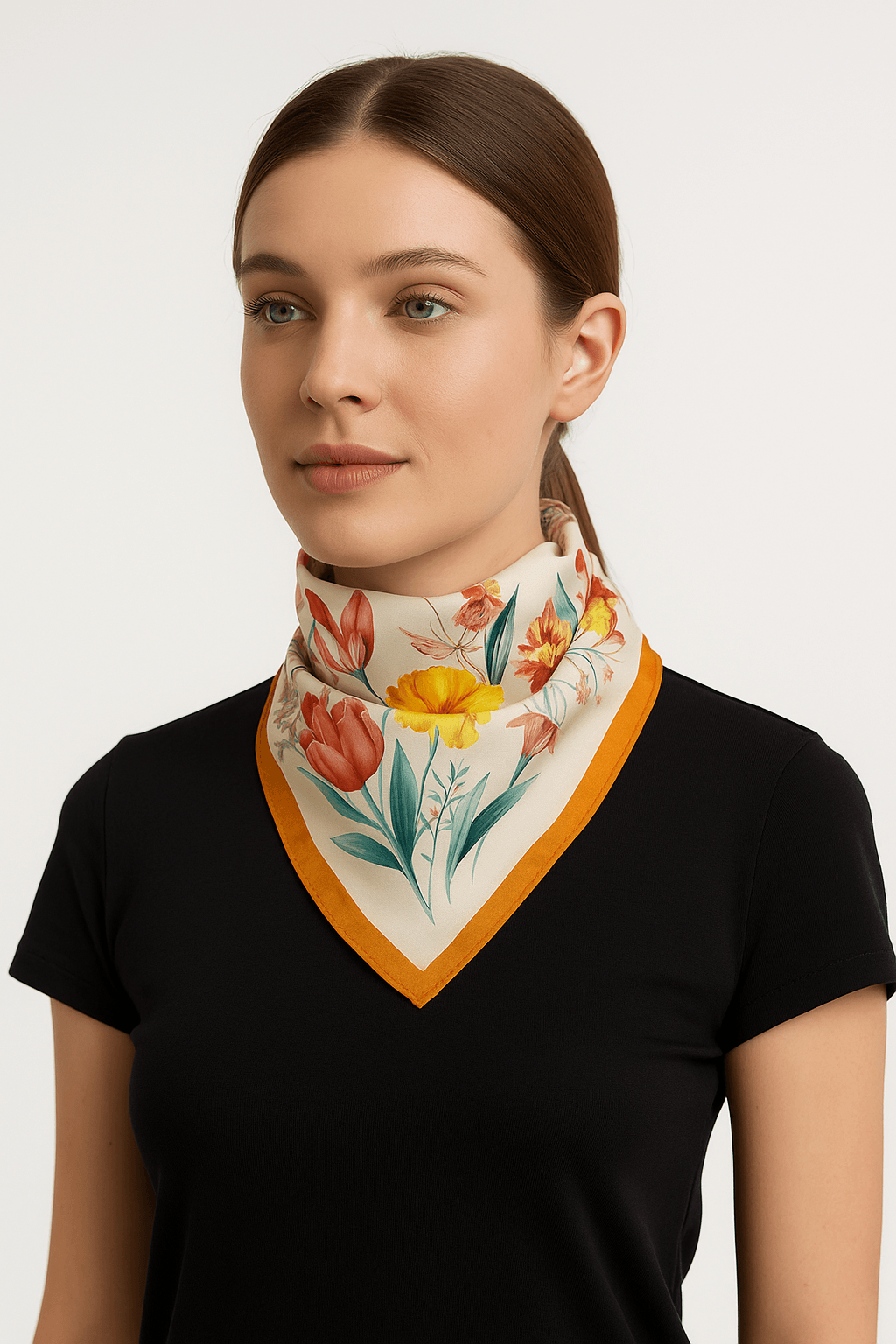 Vibrant Spring Floral Scarf with Orange Border - MODA ACCESSORIES