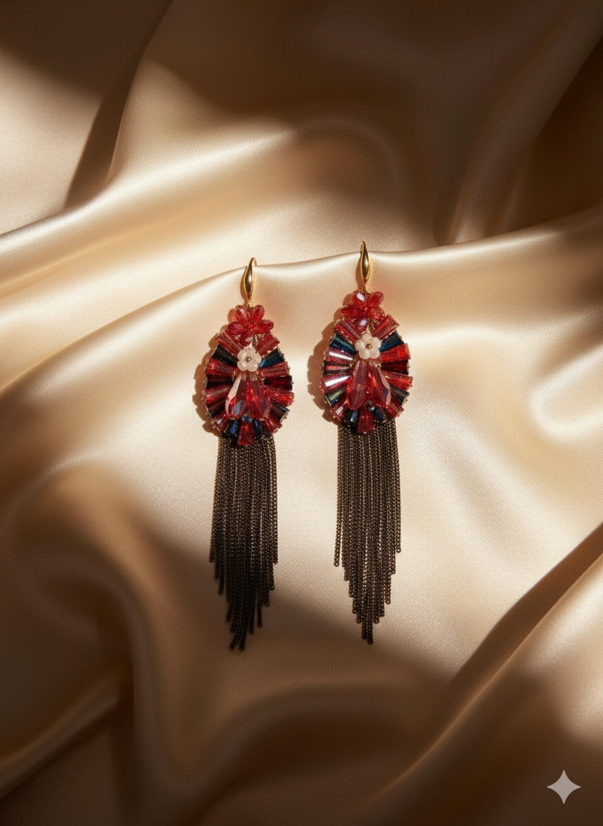 Red Crystal Oval Tassel Earrings