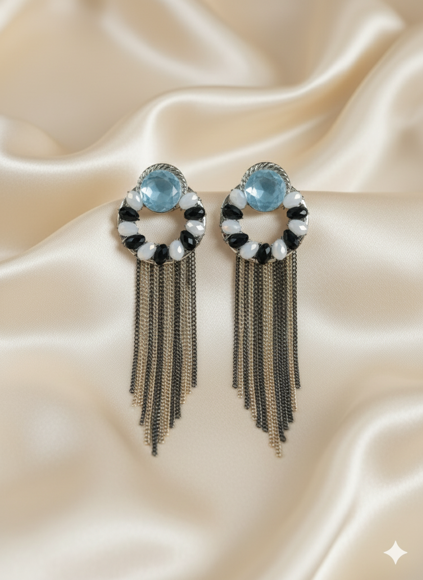 Icy Blue Crystal Hoop Tassel Earrings