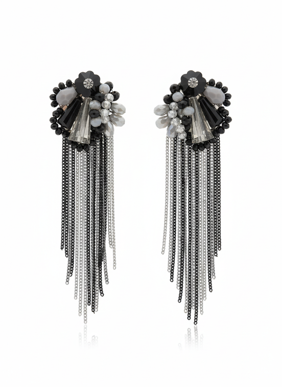 Black & Silver Crystal Tassel Statement Earrings