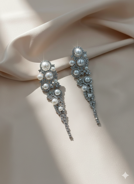 Silver Pearl & Crystal Long Drop Earrings – MODA Accessories