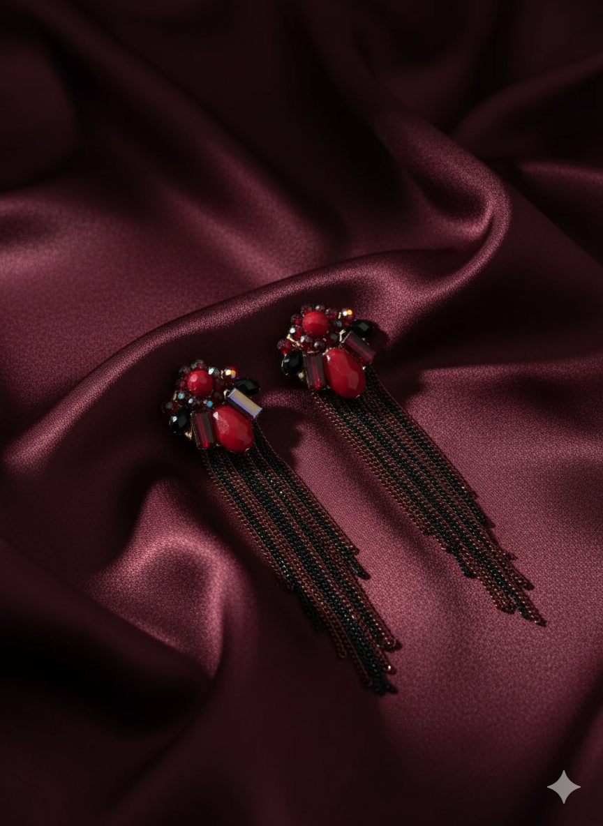 Red & Black Crystal Tassel Statement Earrings