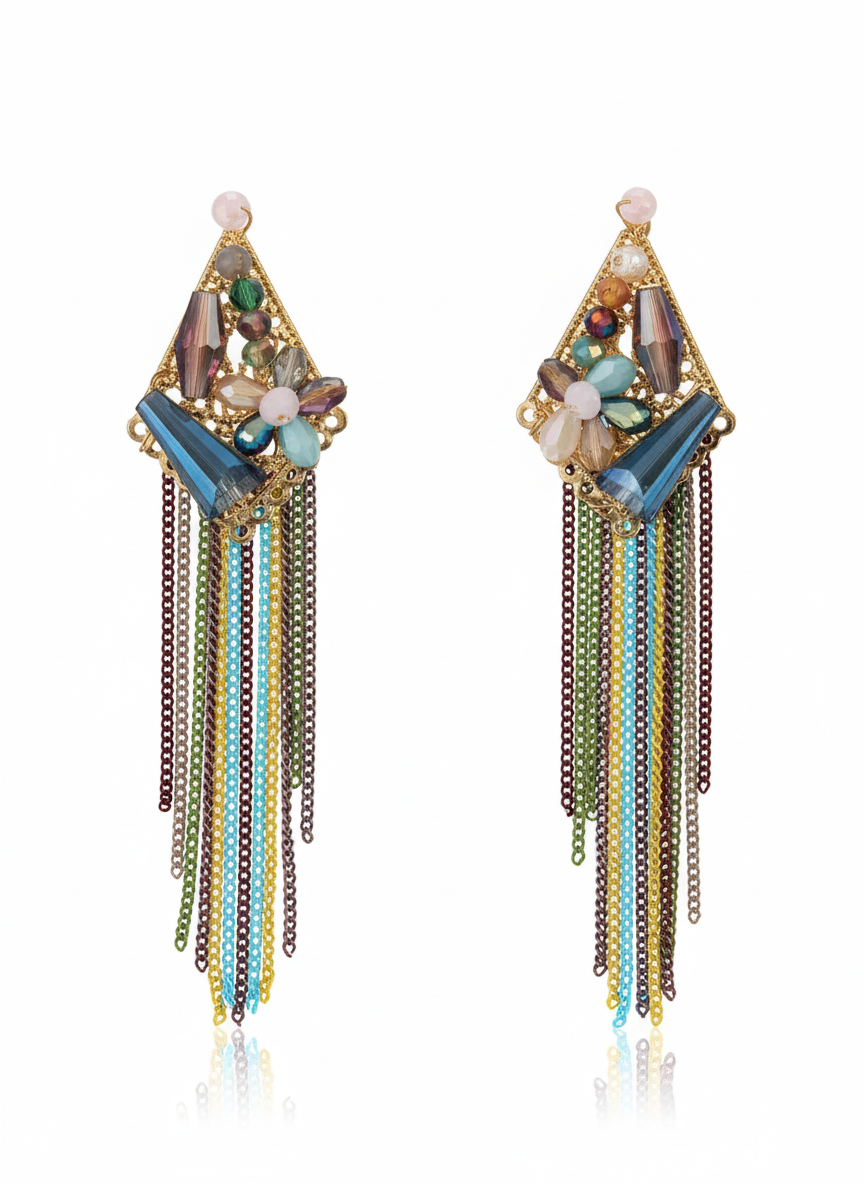 Geometric Multicolor Beaded Tassel Earrings