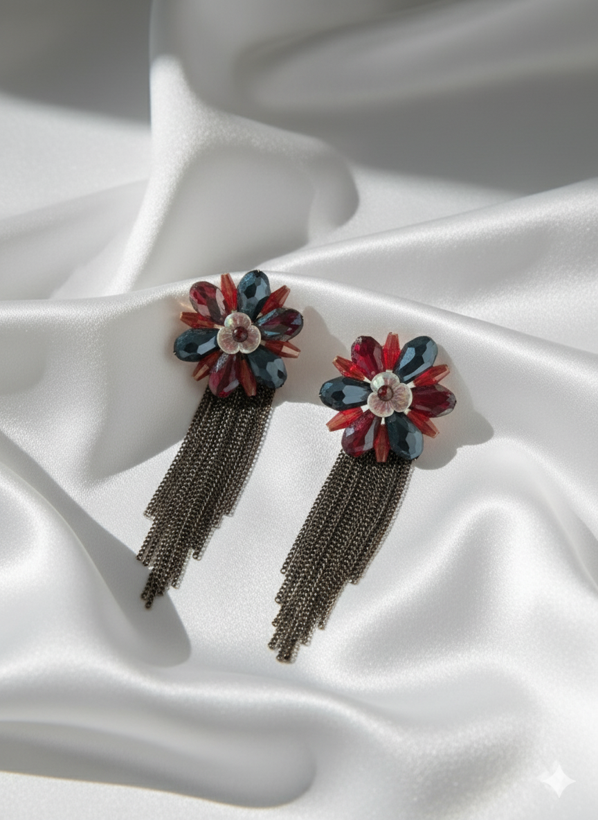 Midnight Red Floral Tassel Earrings