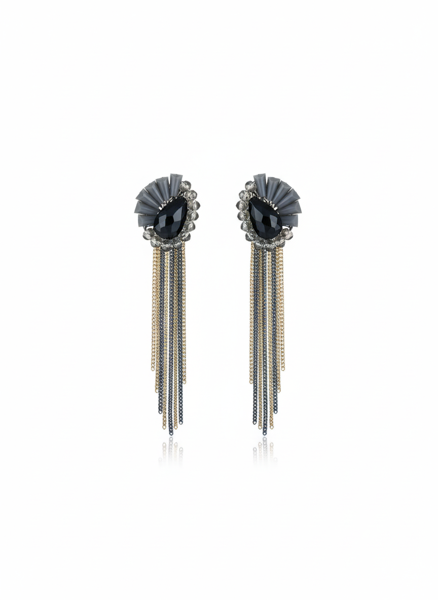 Black Crystal Fan Tassel Earrings