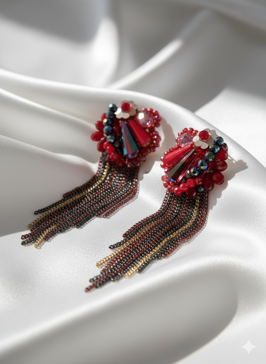 Red & Black Floral Tassel Statement Earrings