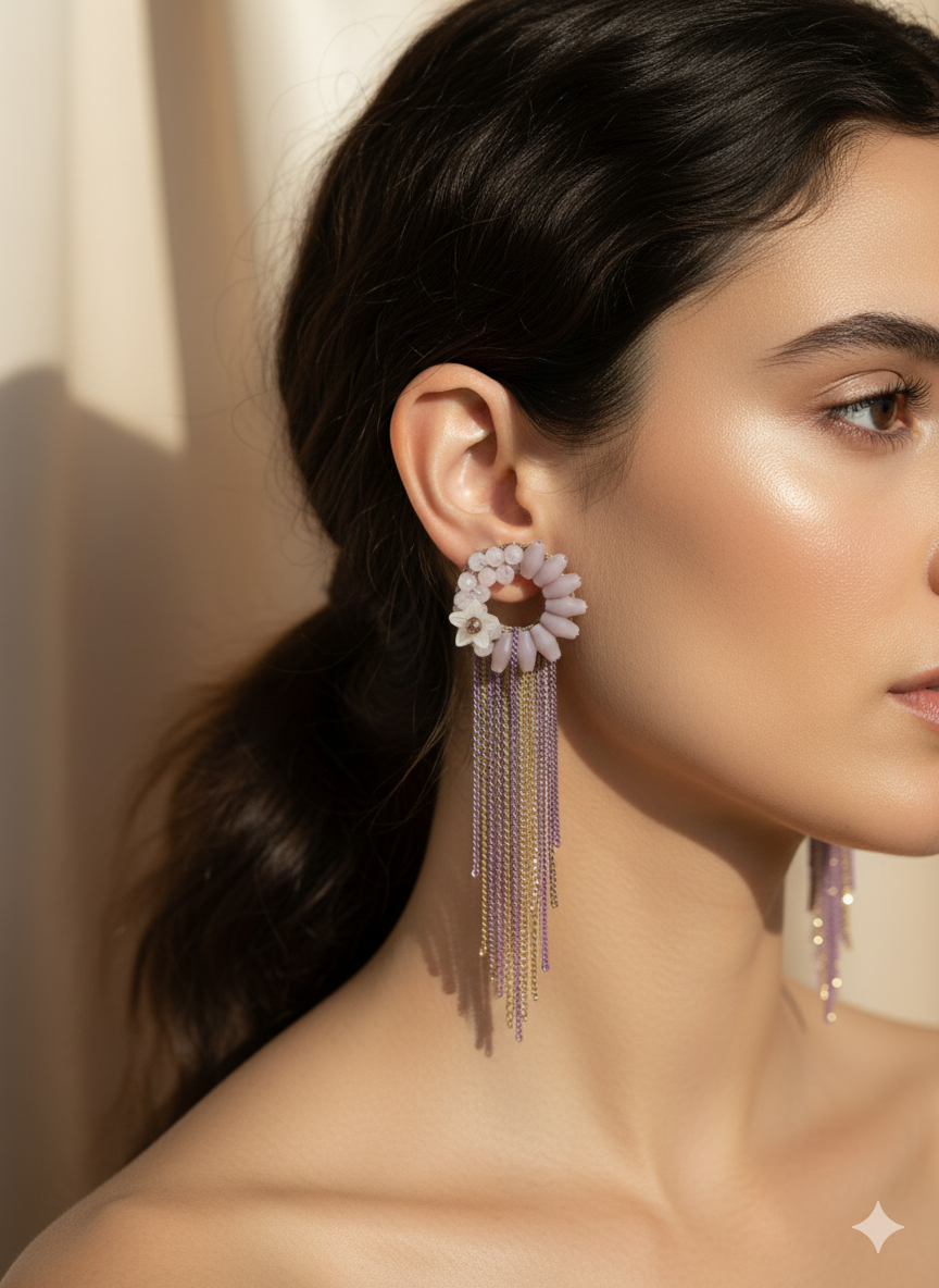 Lilac Beaded Loop Tassel Earrings
