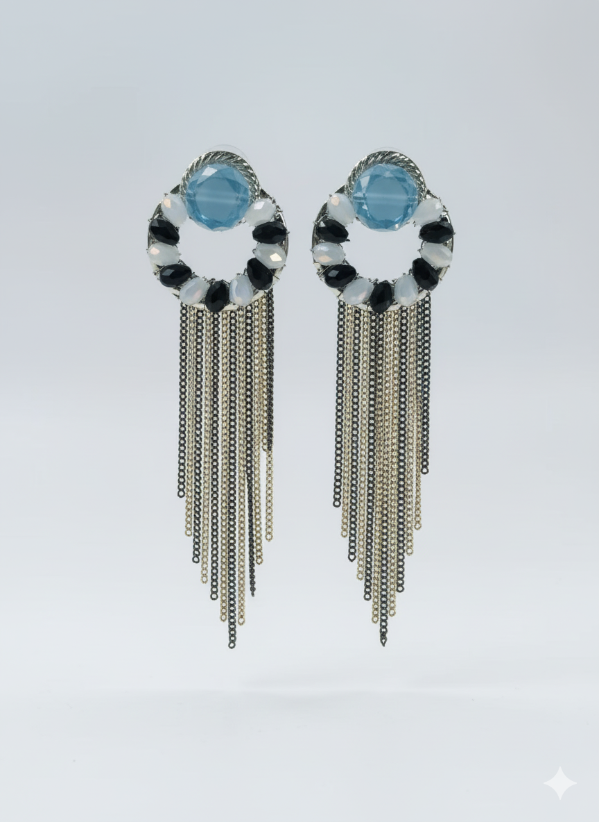 Icy Blue Crystal Hoop Tassel Earrings