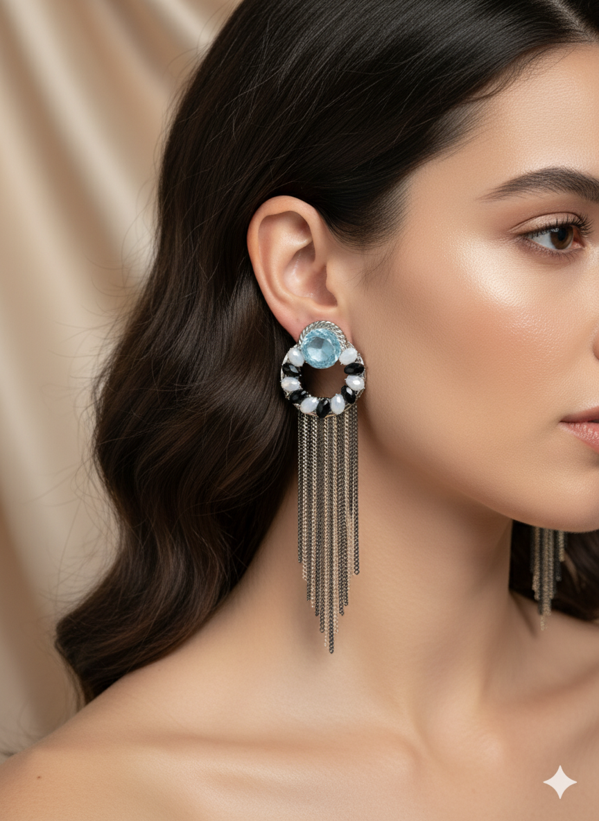 Icy Blue Crystal Hoop Tassel Earrings