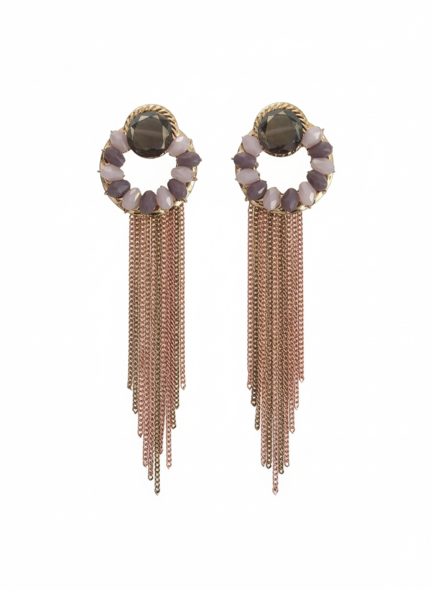Smoky Crystal Hoop Tassel Earrings