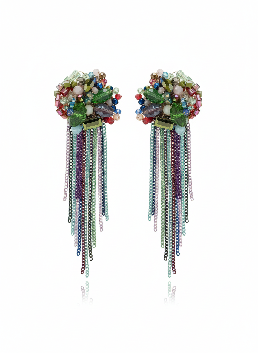 Multicolor Beaded Tassel Statement Earrings