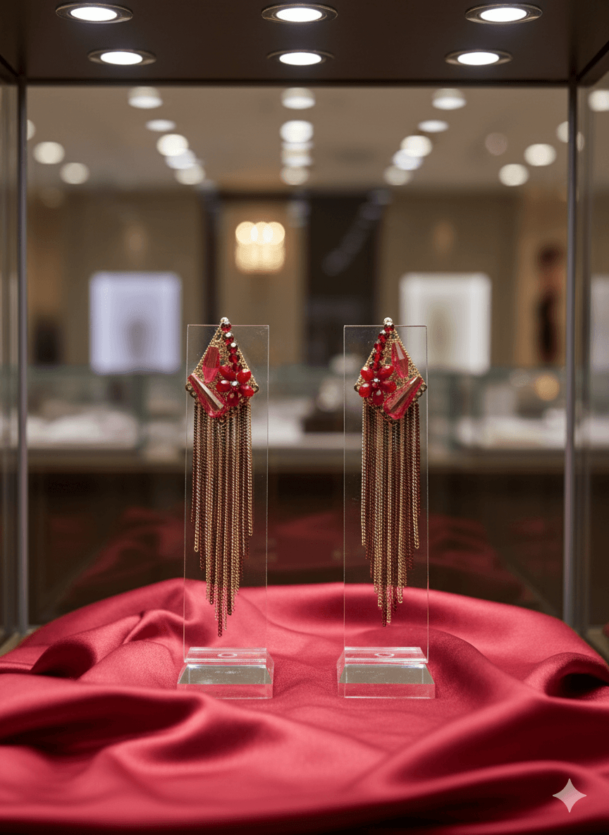 Red Floral Earrings with Geometric Design and Tassel Chains - MODA ACCESSORIES