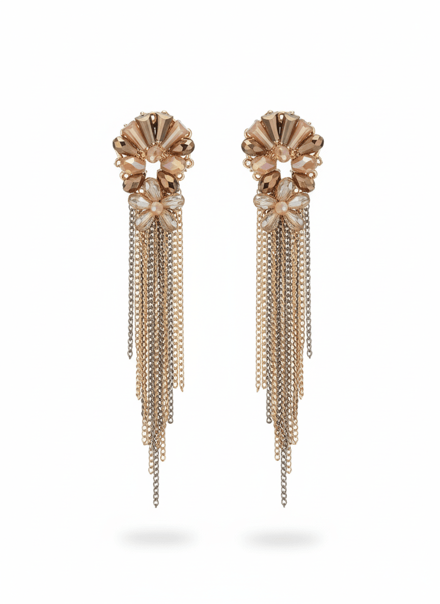 Elegant Gold and Crystal Flower Earrings with Cascading Tassels - MODA ACCESSORIES