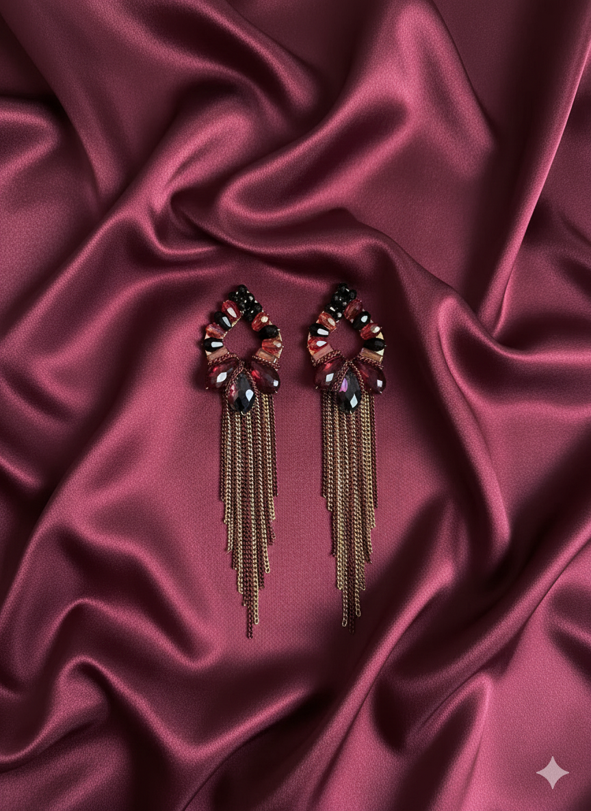 Red & Black Crystal Tassel Statement Earrings
