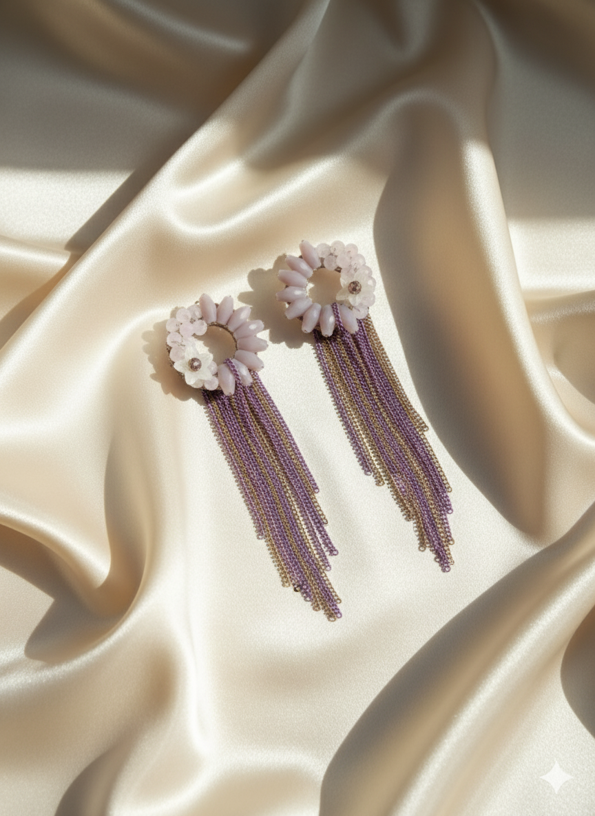 Lilac Beaded Loop Tassel Earrings