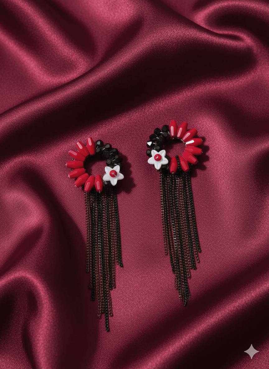 Red and Black Floral Earrings with Cascading Tassel Chains - MODA ACCESSORIES