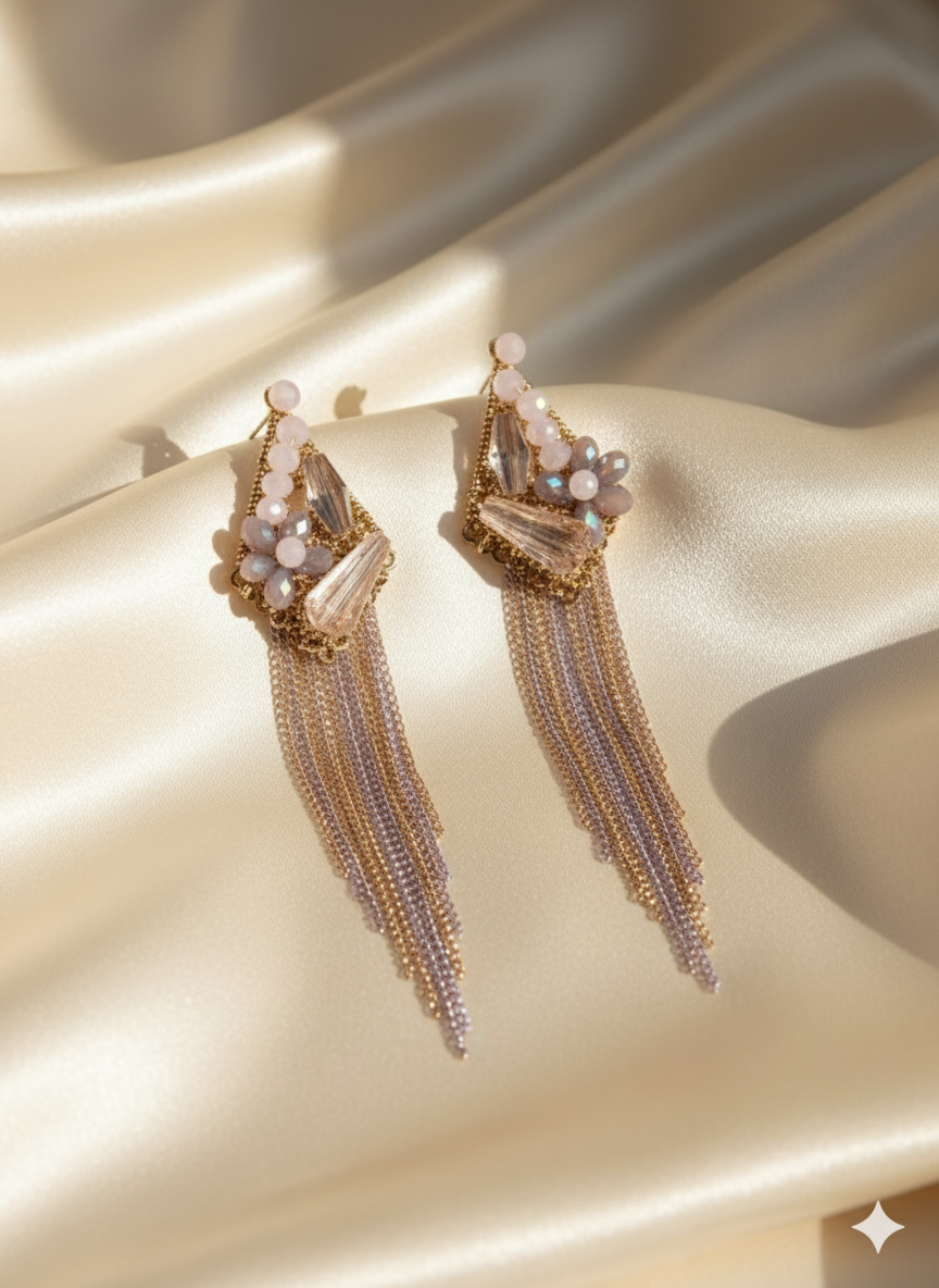 Blush Crystal Floral Tassel Earrings