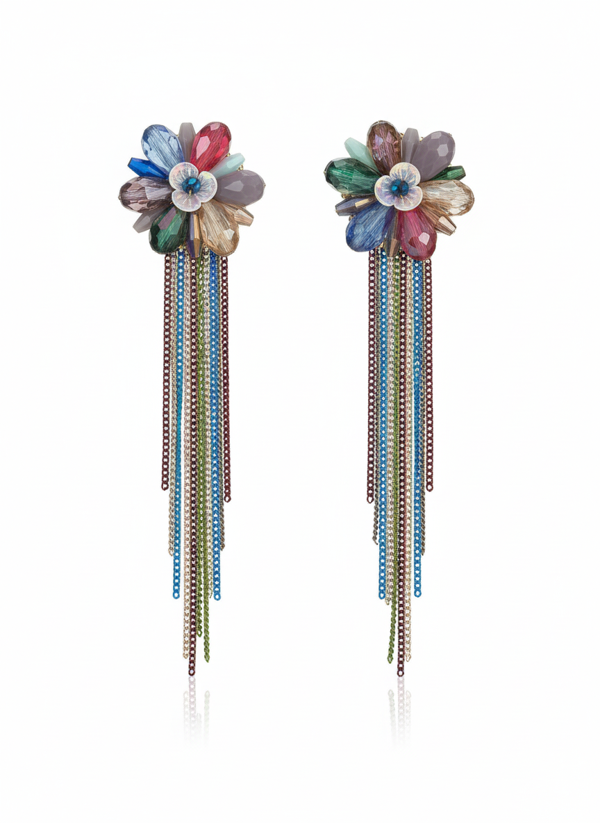 Colorful Floral Tassel Statement Earrings